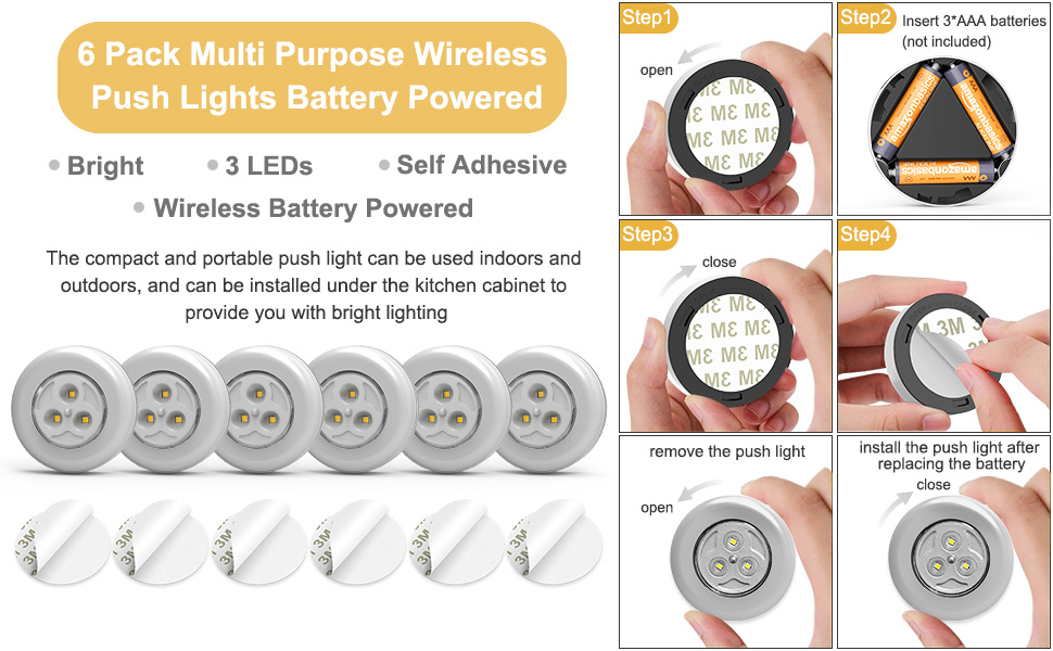 Tap Light Push Lights, 6 Pack Battery Powered Wireless LED Night Lights