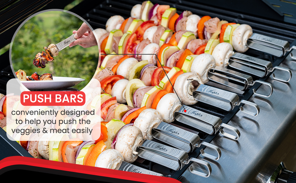 Skewers for Grilling -Stainless Steel -  Push bar - 16 Inches - Dishwasher Safe- Flafster Kitchen