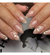 French Tip Press on Nails Short Oval Fake Nails with Designs Flower Glue on Fingernails 3D Gold F...