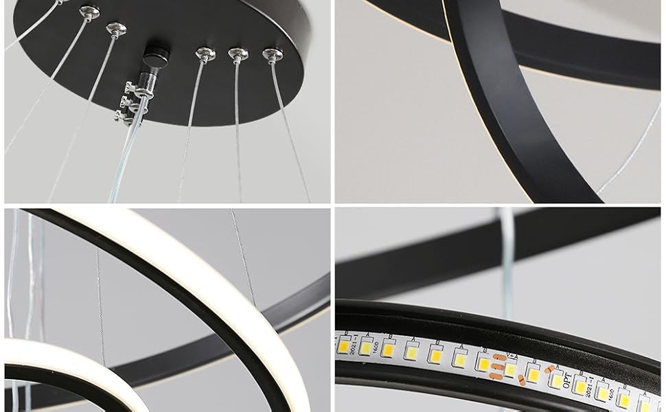 Lampe à Suspension Au Plafond Cercle Noir 3 Anneaux 76 W Plafonniers à LED En Aluminium Diamètre 60 Cm, Lustre Moderne à LED 6000K 12 Plafonnier LED