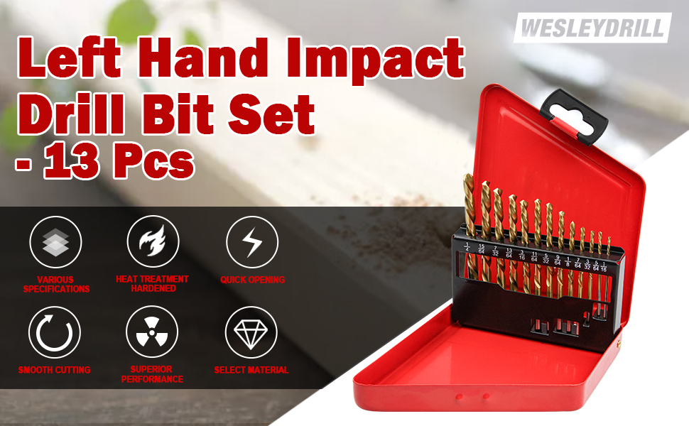 wesleydrill 13PCS Left Hand Drill Bit Set 1/16"1/4" Titanium Twist