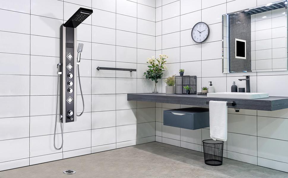 SUGUWORD Shower Tower Panel LED Shower System With 6 Functions, Unique Powerful Hydromassage And Bidet Tap Shower Tower Wall Mounted Black And Brushed Nickel 10 Shower Tower Panel wall mounted led