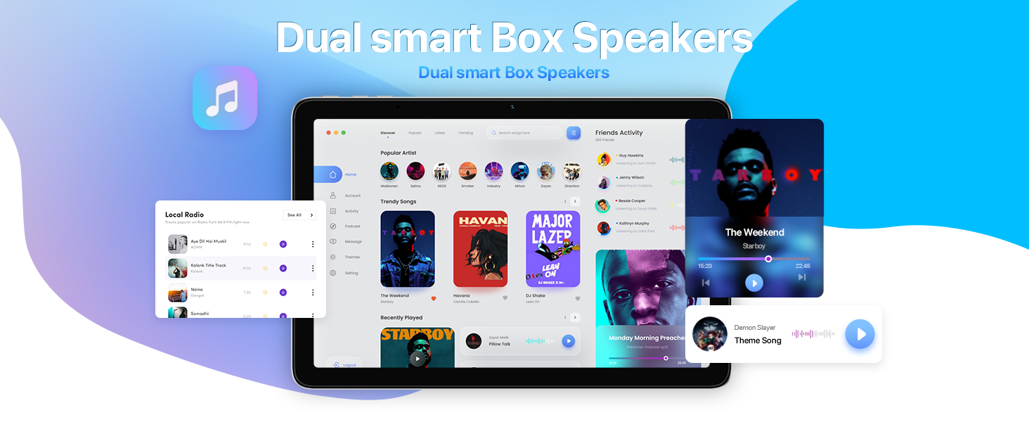 Interface mockup showing a digital music player system titled 'Dual Smart Box Speakers' with playlist and song selection screens.
