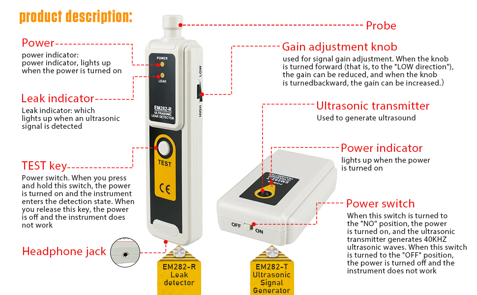 Ultrasonic Leak Detector with Earphone& Transmitter 40KHz±2KHz, Air