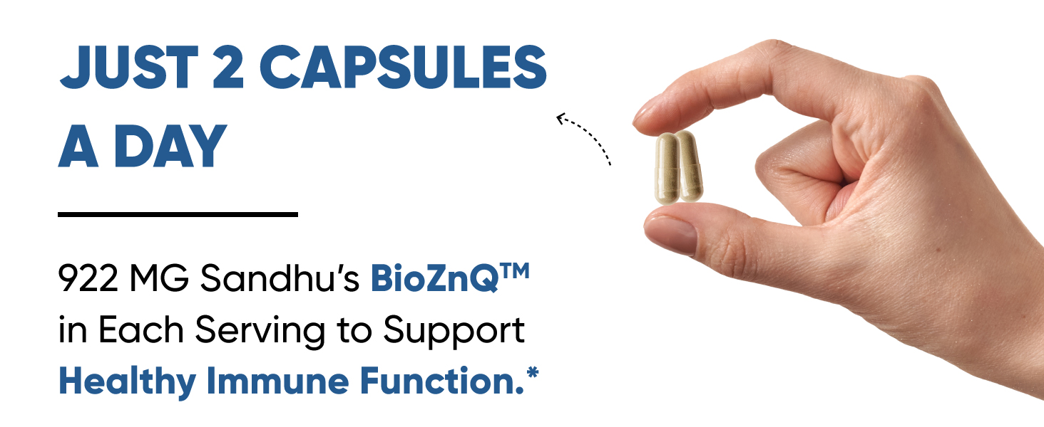 just 2 capsules, 922MG Sandhu's BioZnQ, Healthy Immune function, veggie capsules, easy to swallow
