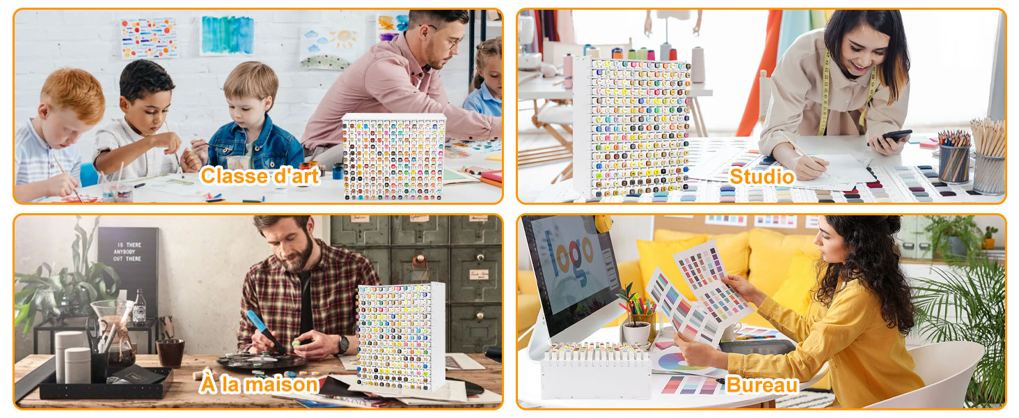 Collage de quatre scènes montrant des adultes et des enfants utilisant des ensembles de carreaux magnétiques colorés. Les carreaux sont utilisés pour construire des structures sur des tables dans divers environnements, notamment dans les salles de classe et les maisons.