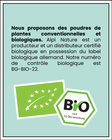 pour les produits biologiques : symbole de la feuille biologique de l'UE et logo hexagonal « Bio ». Texte en français décrivant les poudres végétales conventionnelles et biologiques avec numéro de certification.