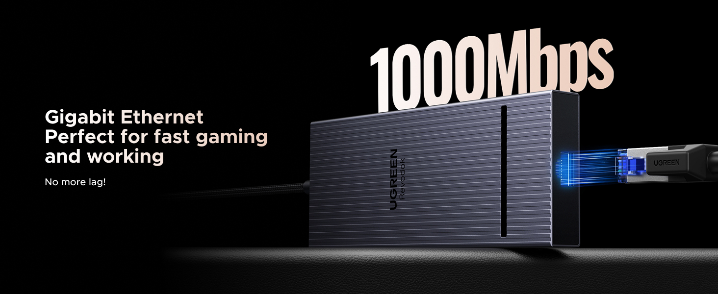Network device with Gigabit Ethernet, advertised as 1000Mbps. Dark, textured exterior. Highlighted for fast gaming and working capabilities. Blue light beam illustrates data transfer.