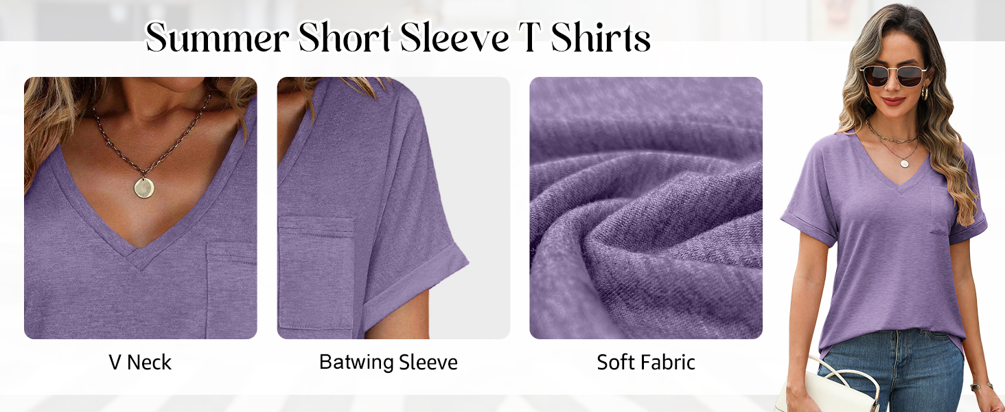 Women's V Neck Summer Tops Casual Short Sleeve T Shirts Basic Loose Fit Dressy Tees