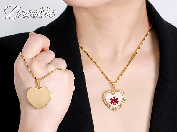 Zircobic Medical Alert Necklace, Heart-Shaped Gold-Plated Pendant, Custom Engraving, Allergy-Safe, 
