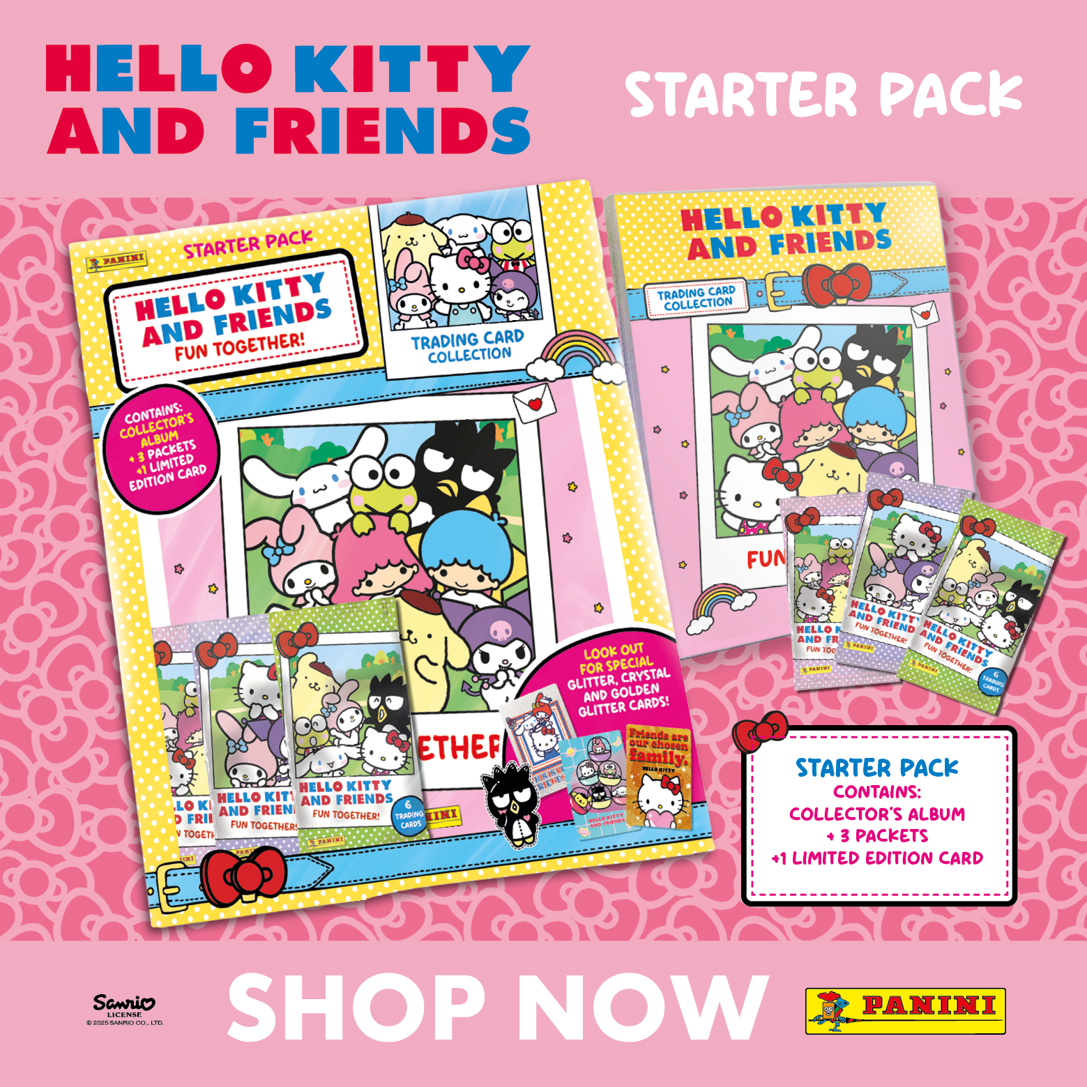 Text reads 'HELLO KITTY AND FRIENDS STARTER PACK', 'SHOP NOW', 'PANINI'. Banner showing Hello Kitty themed trading cards or sticker collection products on pink background.