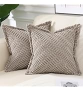 decorUhome Decorative Khaki Throw Pillow Covers 18x18 Set of 2 with Splicing, Boho Soft Corduroy ...