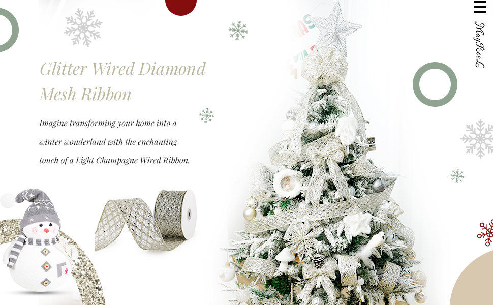 Mayreel Light Champagne Glitter Diamond Mesh Wired Ribbon 2