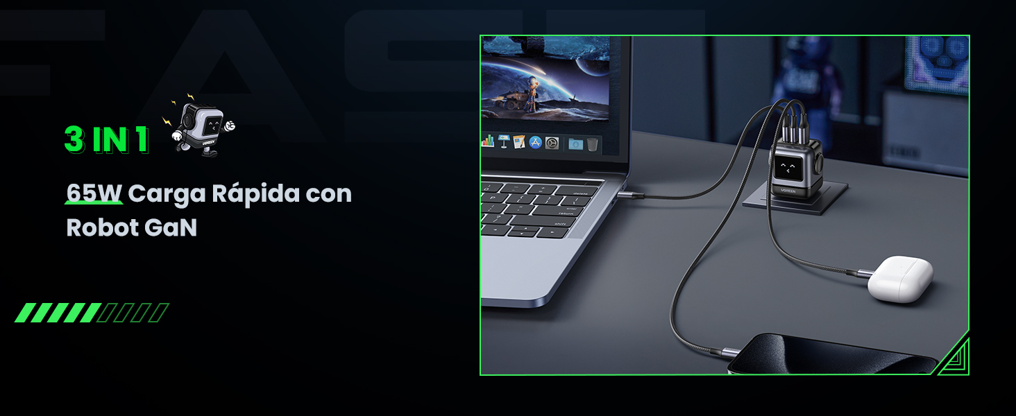cargador 3 en 1 con 65W salida para tableta y Laptop Airpods