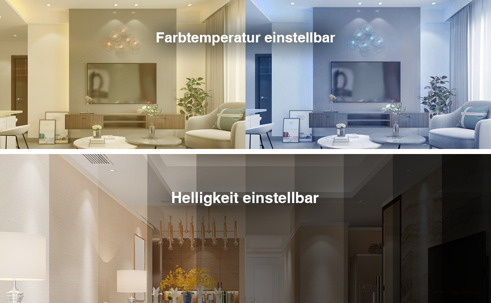 Zusammengesetztes Bild, das einstellbare Beleuchtungsfunktionen zeigt. Das obere Bedienfeld zeigt die Anpassung der Farbtemperatur von warm nach kalt. Auf dem unteren Bedienfeld wird die Helligkeitsregelung von hell nach dunkel in einer Wohnzimmerumgebung angezeigt.