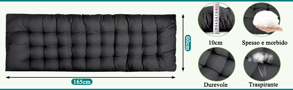 Coprimaterasso o imbottitura trapuntata nera con specifiche di misurazione e icone delle caratteristiche che mostrano lo spessore e le proprietà