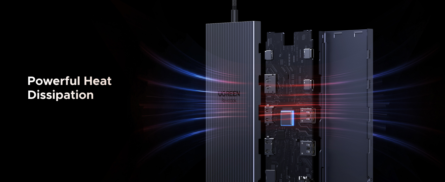 Illustration of electronic device with vertical heat sinks and blue light beams indicating powerful heat dissipation. Dark background with text 'Powerful Heat Dissipation' visible.