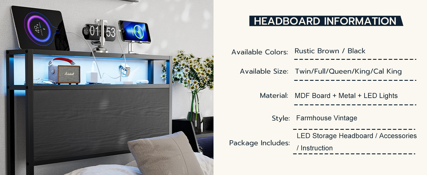 IKIFLY Twin Size Storage Headboard with LED Lights