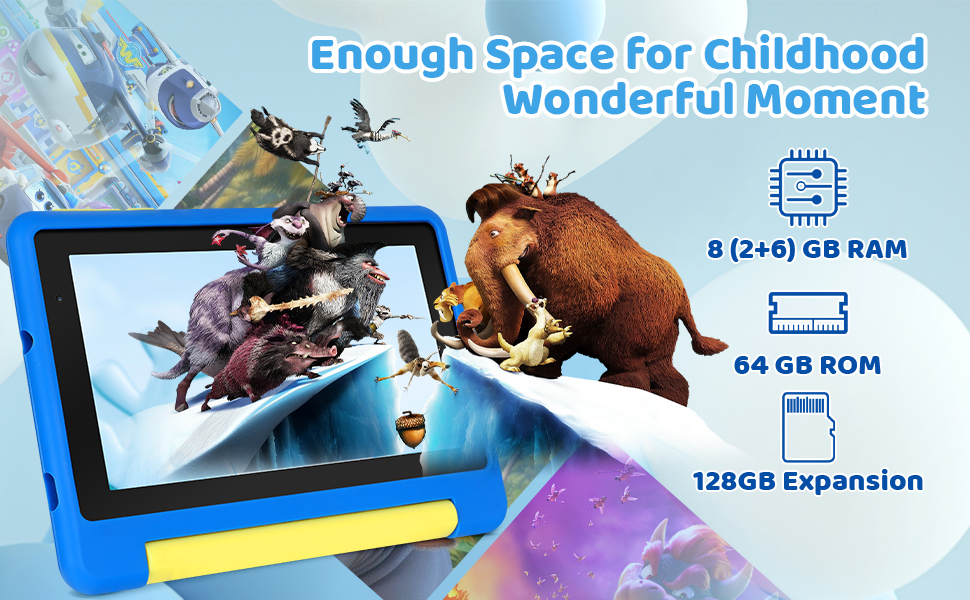 a picture of a tablet with a picture of a mammoth and a dinosaur.