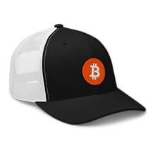 black and white hat with bitcoin logo embroidered on front. back is a breathable mesh with snap back