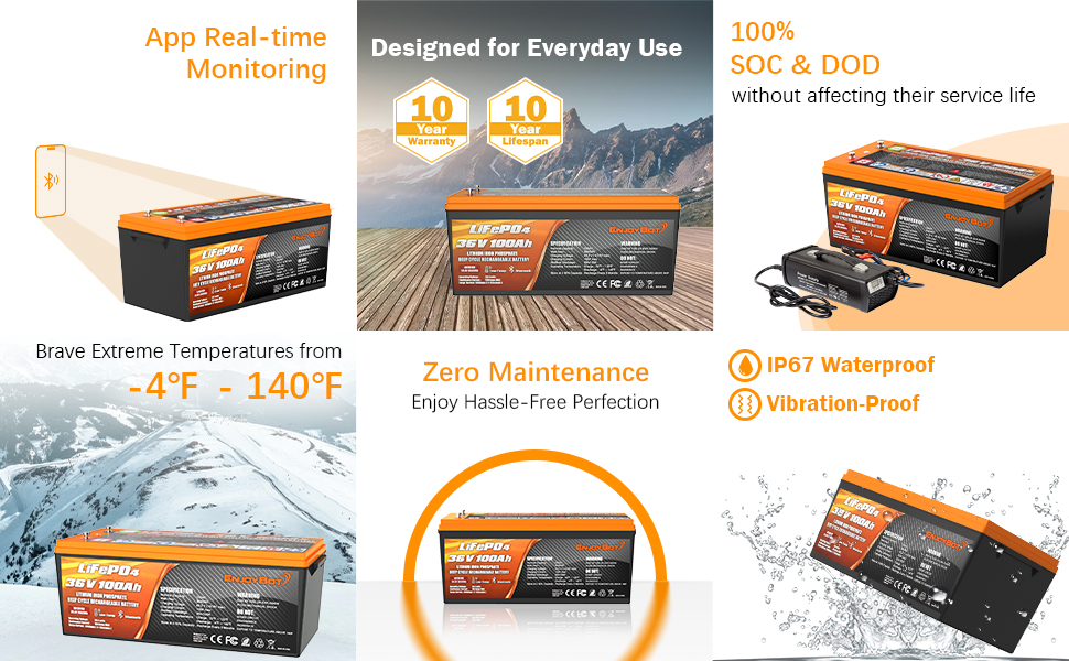 Enjoybot 36V 100Ah LiFePO4 Lithium Golf Cart Battery