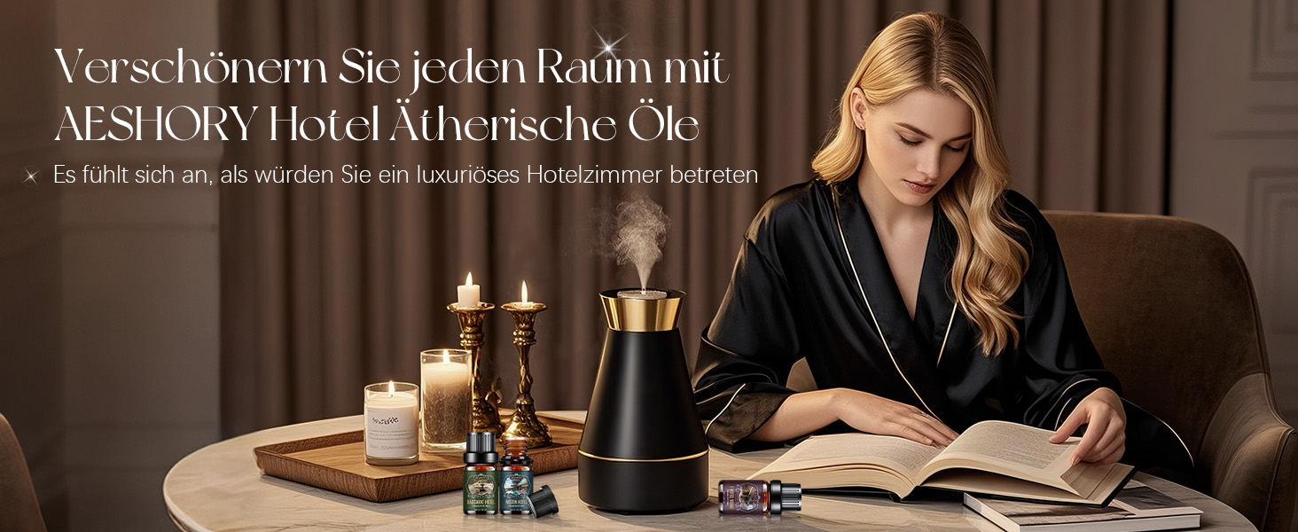 Text: 'Verschönern Sie jeden Raum mit AESHON Hotel Athenscheok'. Innenszene in warmen Tönen mit Kerzen, Büchern und Studienatmosphäre in eleganter Raumgestaltung.