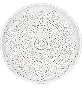 Hanobe Round Decorative Coffee Tray: Rustic White Table Tray Decor Farmhouse Centerpiece Wood Cir...