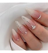 Silver Glitter Press on Nails French Tip Fake Nails Medium Almond False Nails with Rhinestone Des...