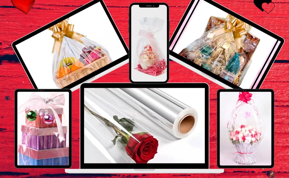 MAARA Clear Cellophane Wrap Roll for Hampers (30M x 40CM) with 10 Gold