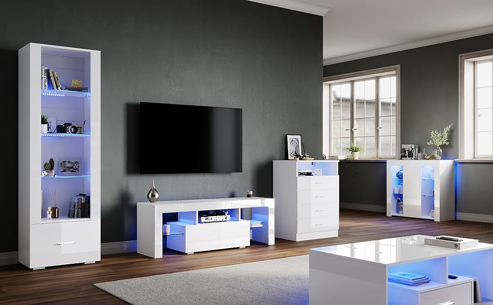 Modernes Wohnzimmermöbelset mit weißen Schränken, TV-Ständer und Couchtisch mit blauen LED-Lichtakzenten. Schlichtes Design für moderne Räume.