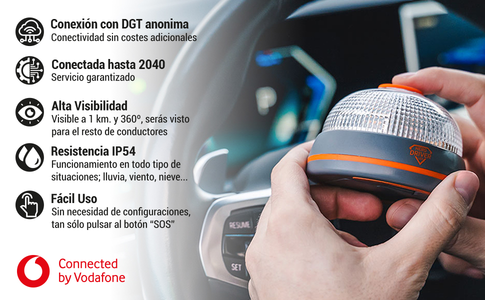 Luz DGT obligatoria V16 conectada y geolocalizada, baliza de emergencia y conectividad 2040