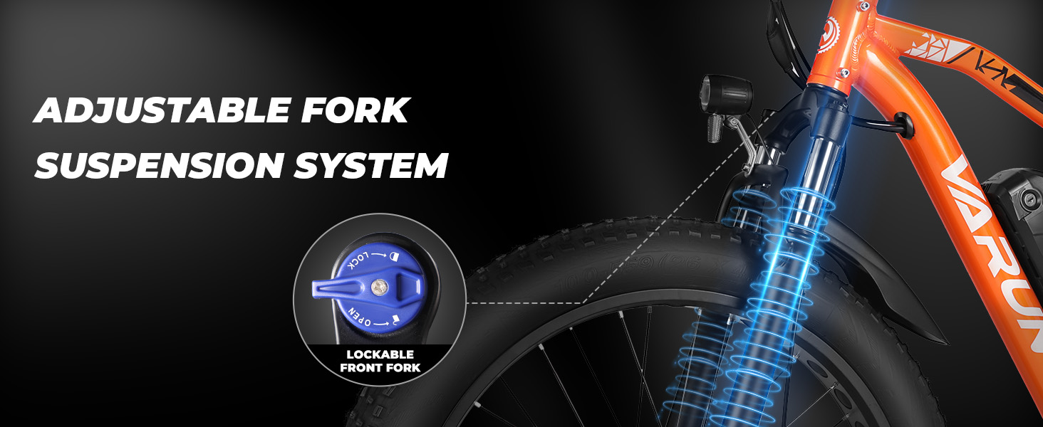 Close-up of blue adjustable fork suspension system on a bicycle, with technical diagram and text overlay.