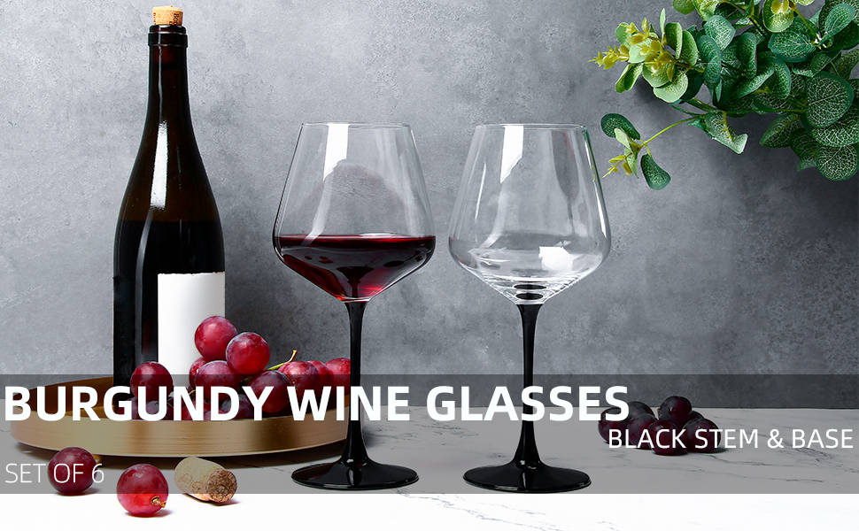 Wine Glasses with Black Stem & Base, Set of 6, 20 oz Large