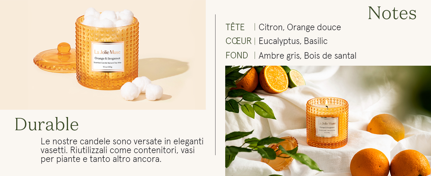 avec étiquette blanche, à côté d'oranges tranchées et de fruits entiers. Le texte mentionne « Clementine » et « Durable »
