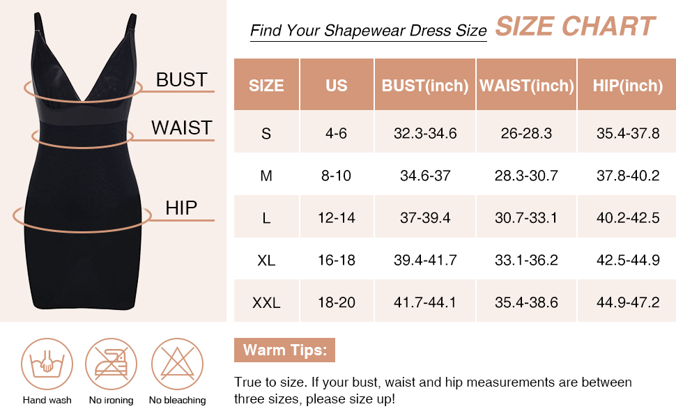 FeelinGirl Shapewear Dress Size Chart