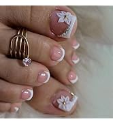 White Press on Toenails French Tip Fake Toe Nails Flower Glue on Toenails with Rhinestone Design ...