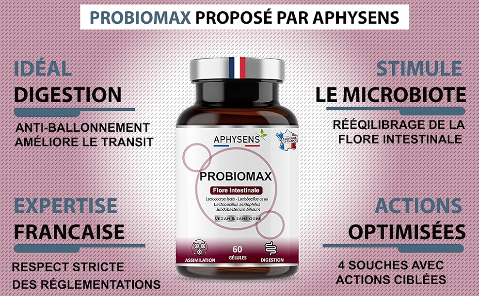 Le texte se lit comme suit : « PROBIOMAX PROPOSÉ PAR APHYSENS », « IDÉAL », « STIMULE », « DIGESTION », « LE MICROBIOTE », « FRANÇAISE », « ACTIONS OPTIMISÉES ». L'emballage du produit pour le supplément probiotique est illustré.