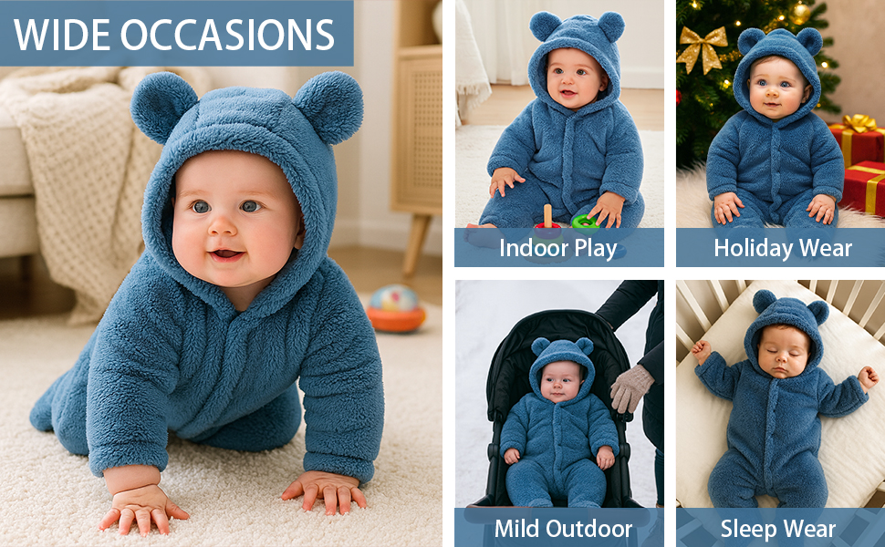 Text reads 'WIDE OCCASIONS', 'Indoor Play', 'Holiday Wear', 'Mild Outdoor', 'Sleep Wear'. Product category images showing children's clothing uses.