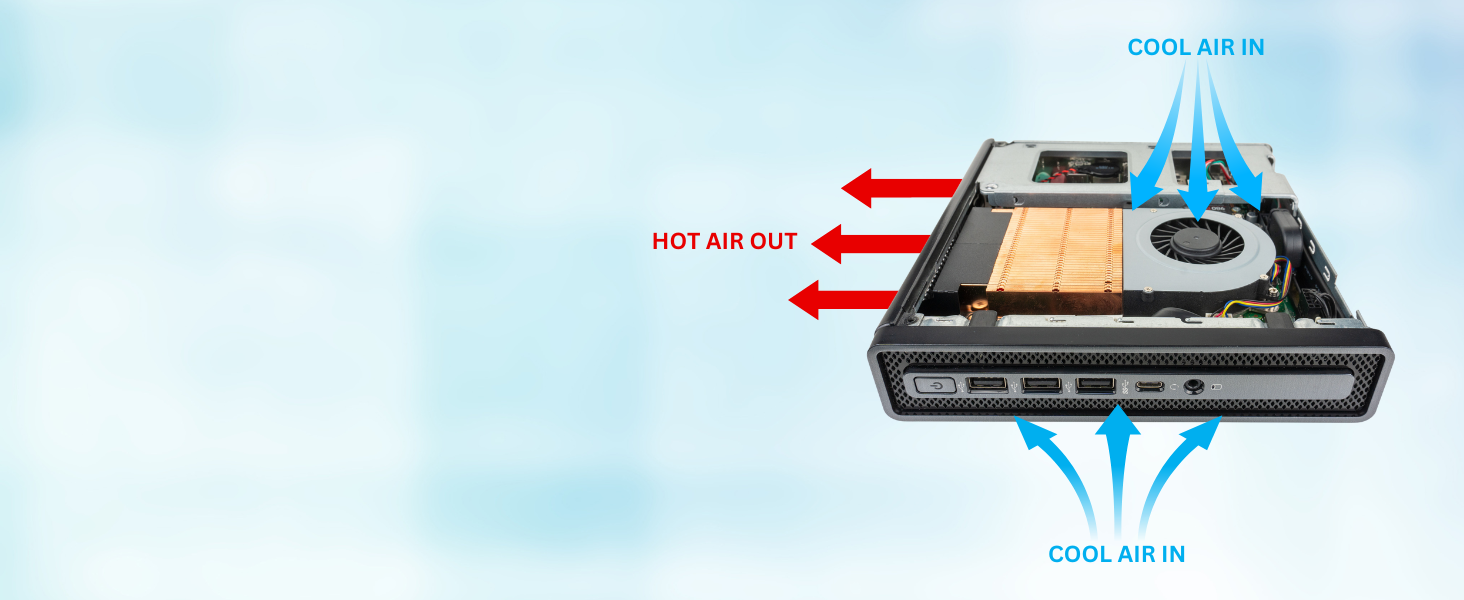 M1 tiny PC draws in cool air & expels hot air using smart fan cooler for effective & quiet cooling