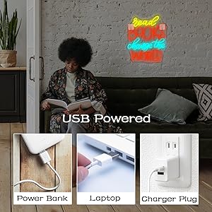 ineonlife Read Books Change The World Neon Sign, Neon Signs for Wall Decor, Dimmable Letter Led Neon Lights for Bedroom, USB Light Up Signs for Reading Room Classroom Study Group Library Decoration 22 Led Signs