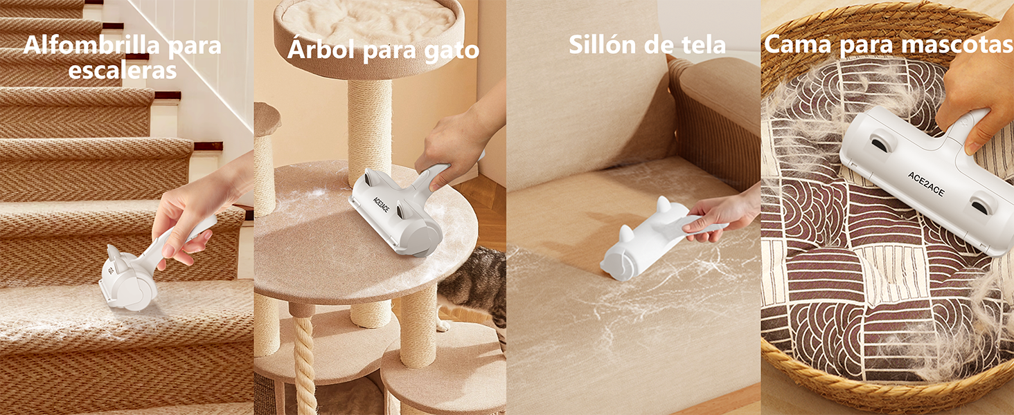 Cuatro productos relacionados con los gatos: rascador, árbol para gatos, cama para gatos y transportín para mascotas, cada uno etiquetado en español con su función