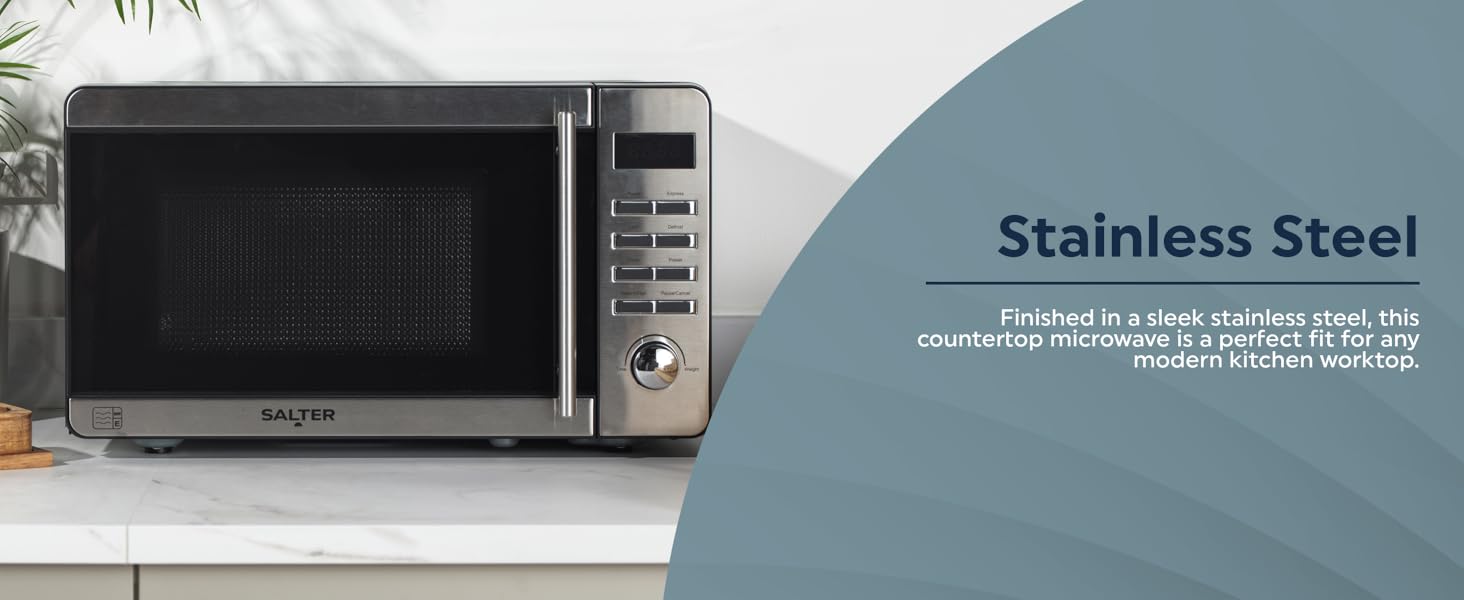 A stainless steel microwave with dial and button controls for easy cooking