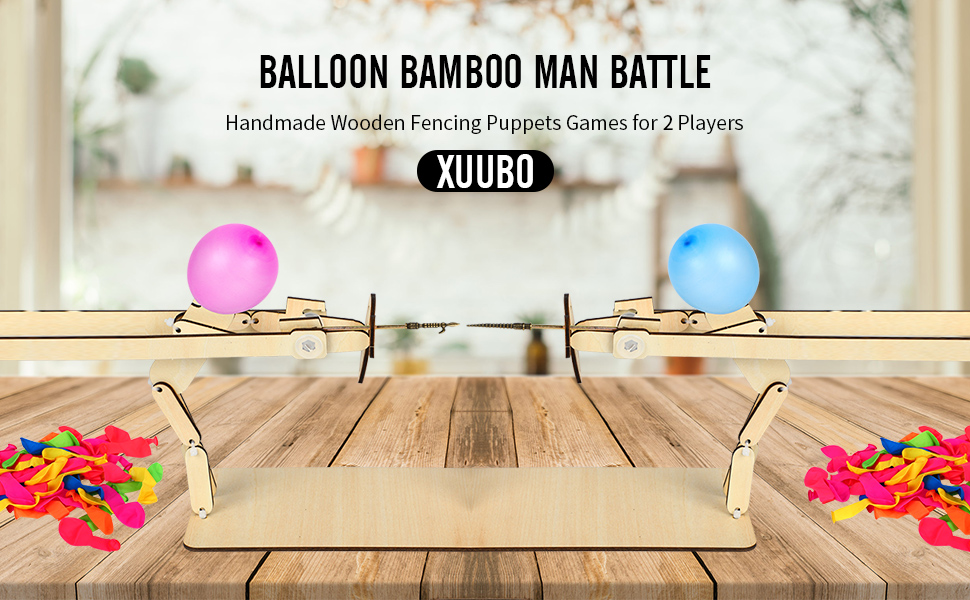 Balloon Bamboo Man Battle, 2 Players Handmade Wooden Fencing Puppets Games with 100PCS Balloons