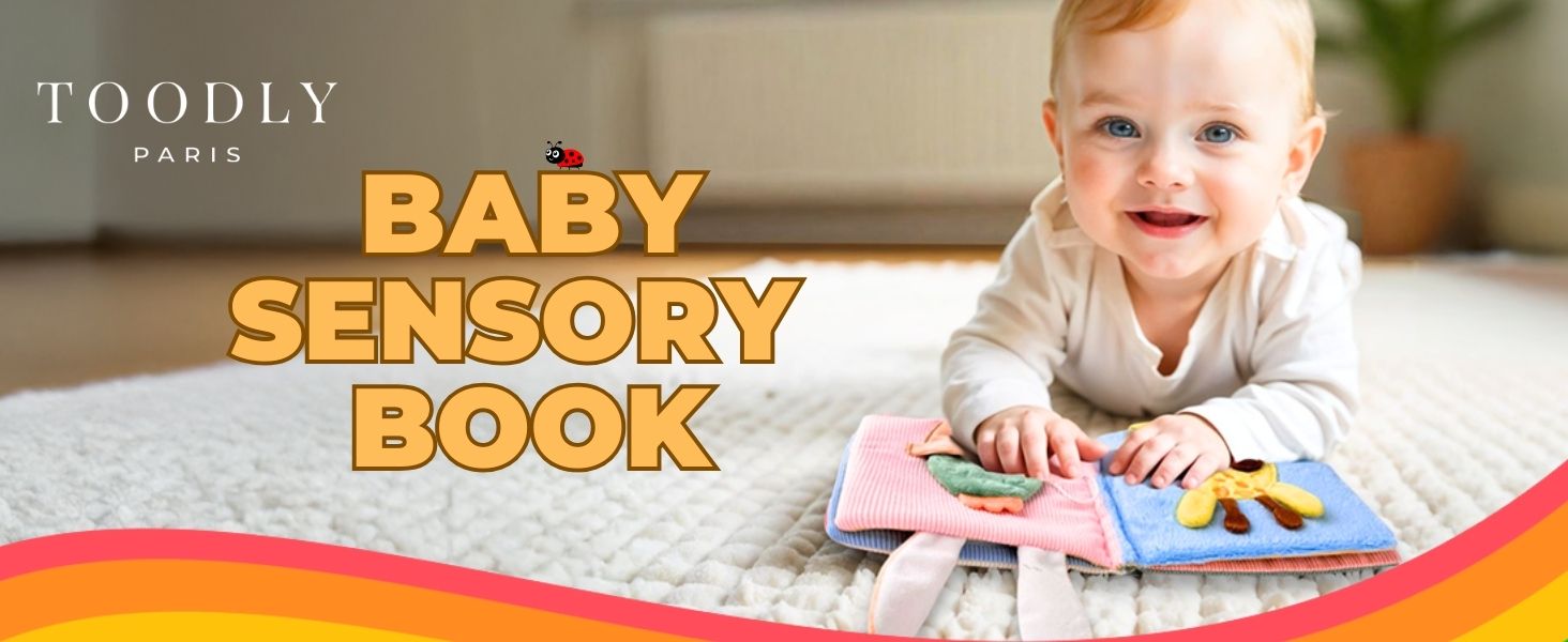 Soft cloth baby book with fun animal designs, textures, and movable parts for sensory play