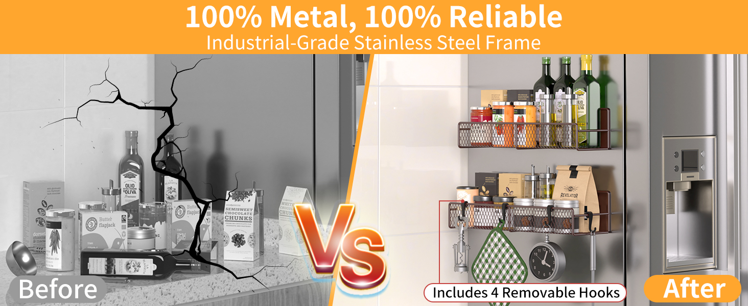 Magnetic Spice Rack for Refrigerator, 2 Pack 100% Metal Strong Magnet Shelf Black,Spice Organizer