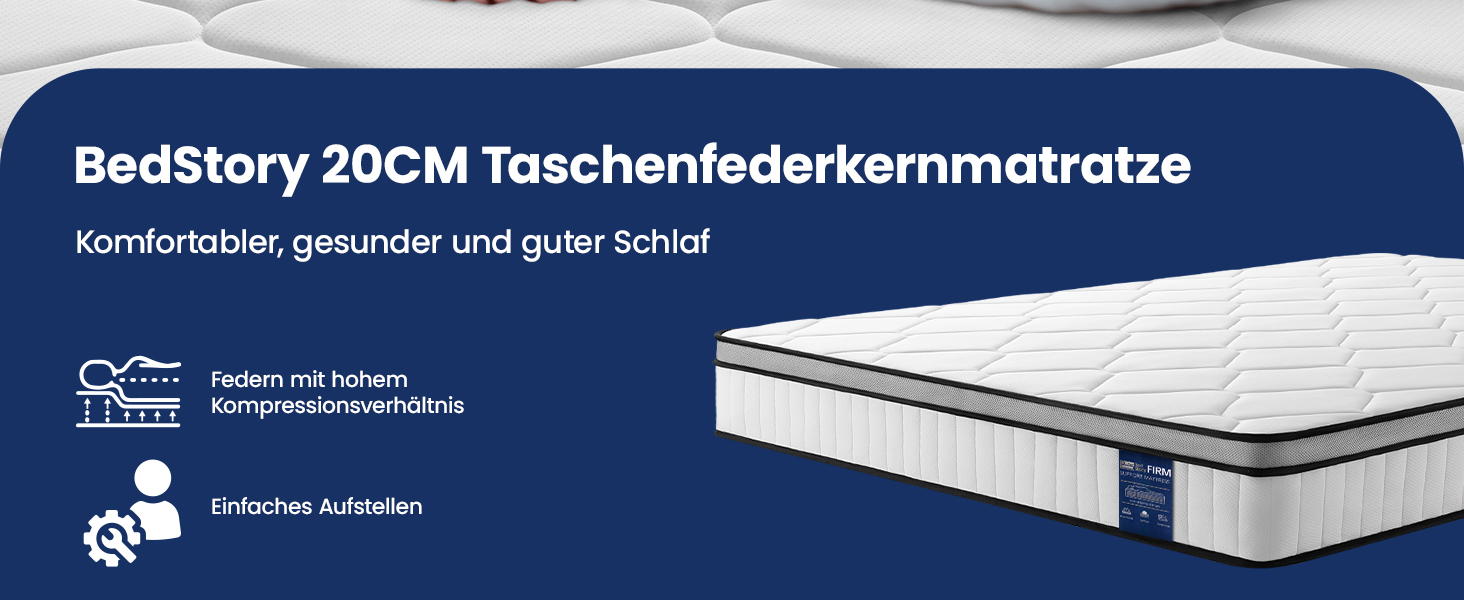 BedStory 20CM pocket spring mattress displayed on navy background, showing cross-section view with multiple layers and quilted top.