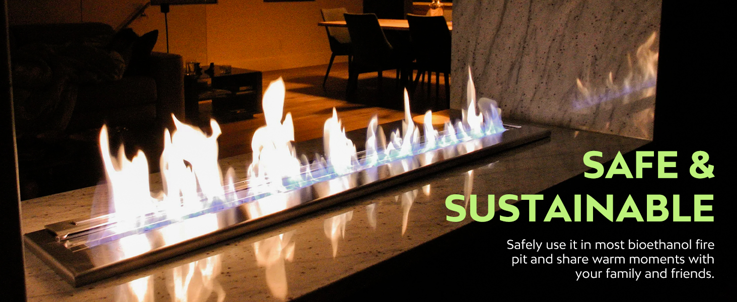 Long linear fireplace installation with multiple flames burning in a row, labeled as 'Safe & Sustainable' in green text overlay.