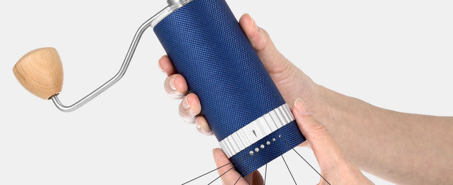 Vzaahu Manual Coffee Grinder,External Adjustable Coarseness 6 Level,CNC Stainless Steel Conical Burr Core,Color Blue,Diamonds Aluminum Alloy Body,Beech Bandle 15 al