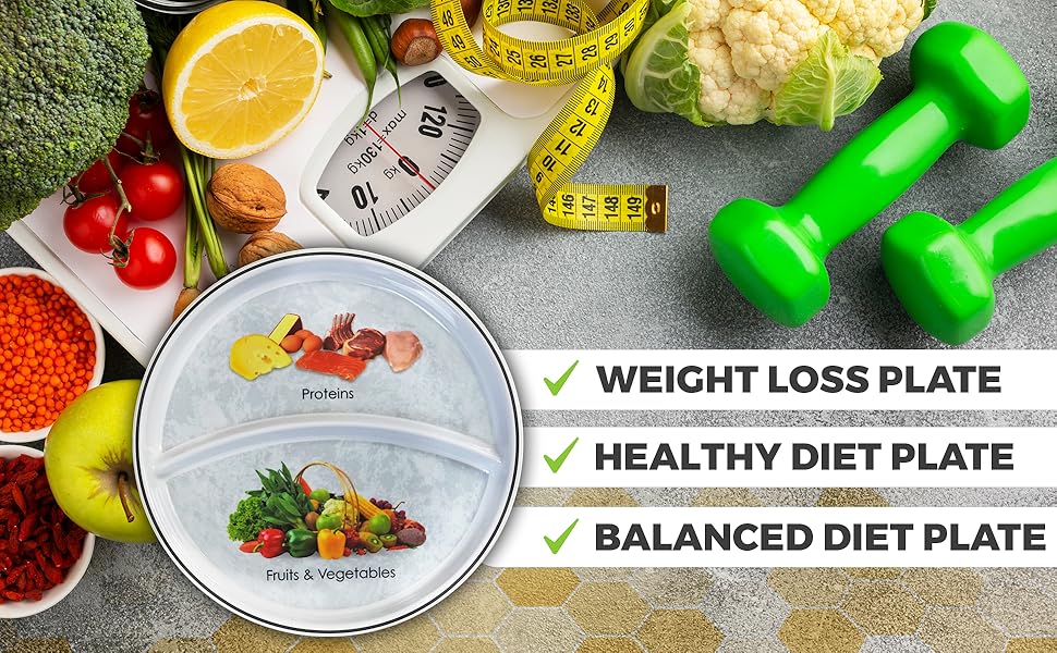 100% Melamine Dishwasher Safe Portion Control Plates for Weight Loss and Healthy Nutrition Meal