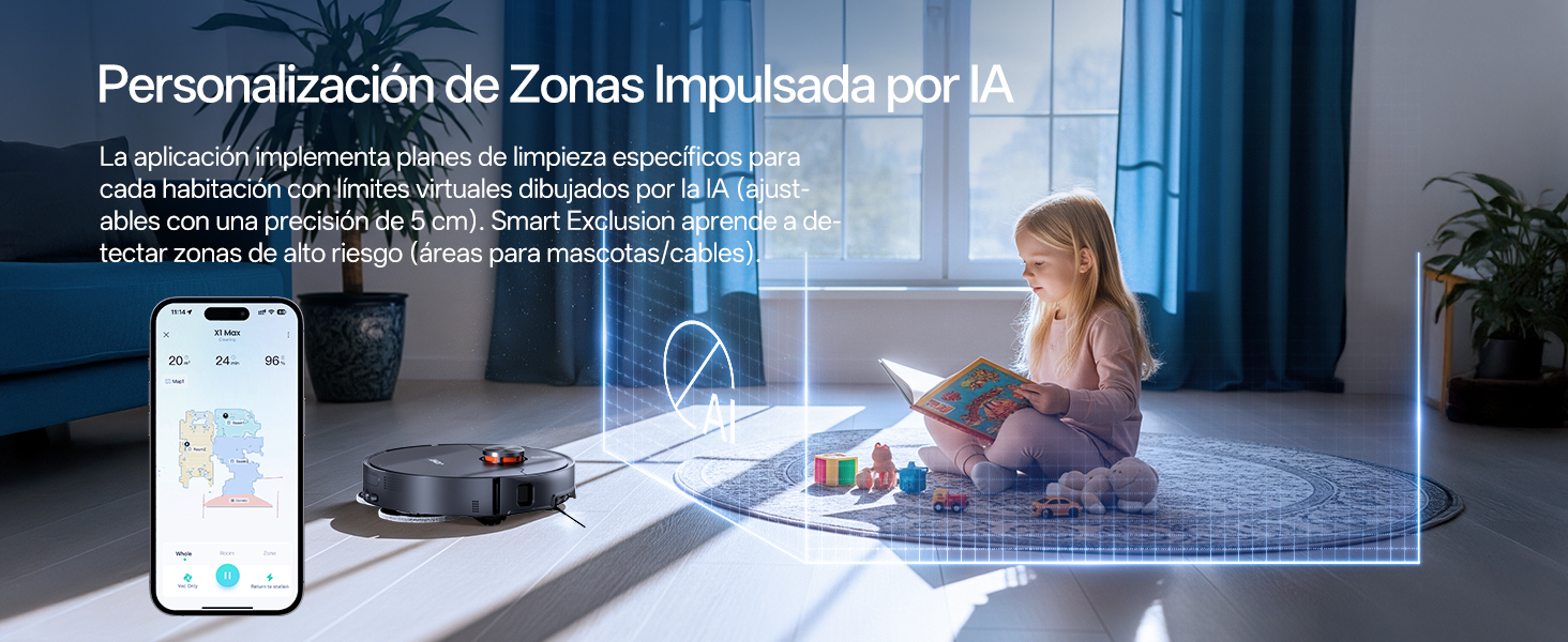 El texto dice «Personalización de Zonas Impulsada por IA». El smartphone muestra la interfaz de la aplicación con una línea límite virtual azul proyectada sobre la alfombra donde funciona un robot aspirador.